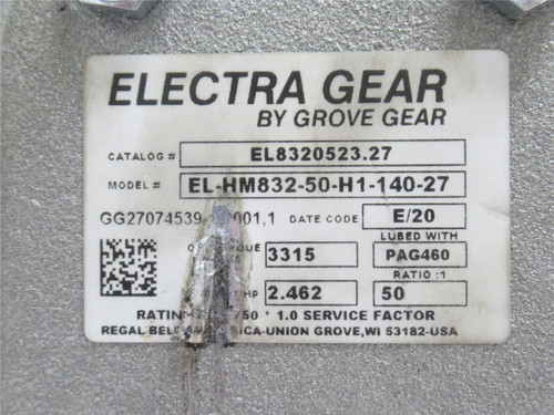 Grove Gear EL-HM832-50-H1-140-27; Gear Reducer; 50:1 Ratio