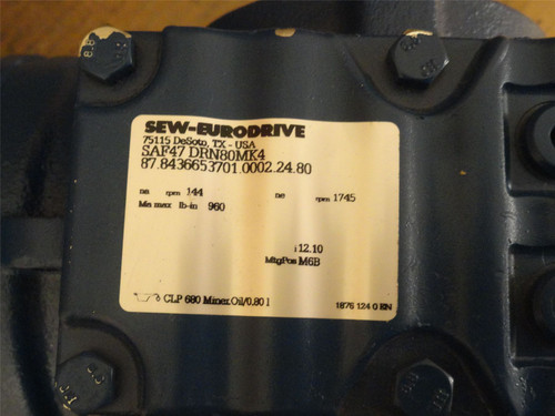 SEW SAF47DRN80MK4 ; AC Gearmotor; 12:1 Ratio; 3/4HP; 230/460V
