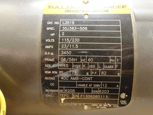 Baldor L3515; AC Motor; 2HP; 115/230V; 3450RPM; 1-Phase