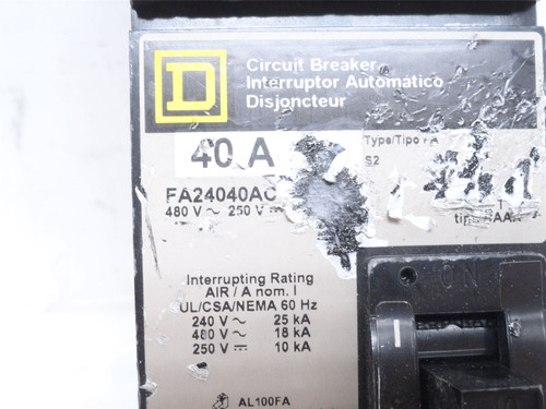 Square D FA24040AC; Circuit Breaker; 40A; 2P; 240/480VAC