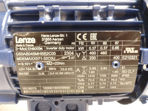 Lenze G50AB045MHBR2C00; AC Gearmotor; 9.10:1 Ratio; 0.37kW