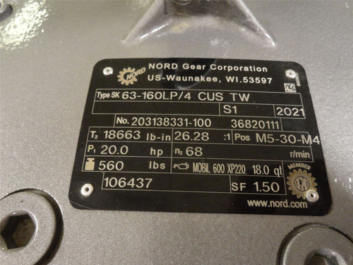 Nord Gear SK63-160LP/4-CUS-TW; Gearmotor; 26.28:1 Ratio; 20HP