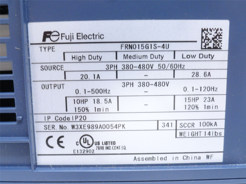 Fuji FRN015G1S-4U; AC Drive 15HP 23A 0.1-120Hz; 380-480V; 3PH