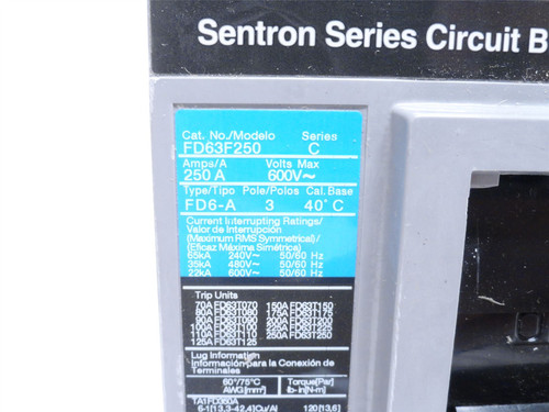 Siemens FD63F250; Sentron Circuit Breaker; 200A; 3P; 600VAC