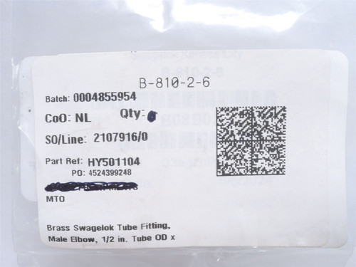 Swagelok B-810-2-6; Elbow Fitting; 90Deg; 1/2" Tube x 1/4NPT