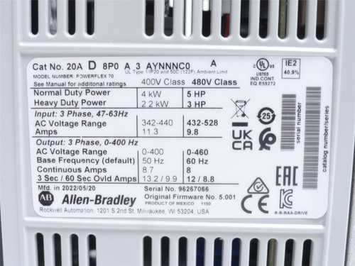Allen-Bradley 20AD8P0A3AYNNNCO; PowerFlex 70 AC Drive; 480VAC