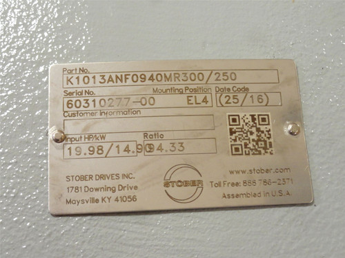 Stober K1013ANF0940MR300/250; Gearbox; 94.33:1 Ratio; RA