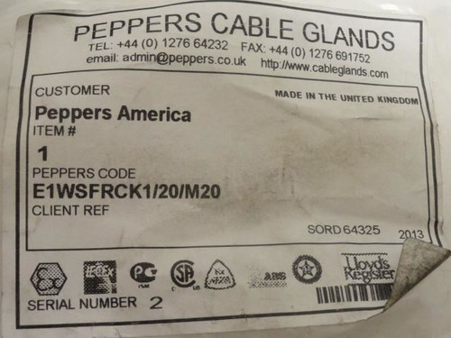 Peppers E1WBFRCK1/NP/20M20; Single Compression Gland