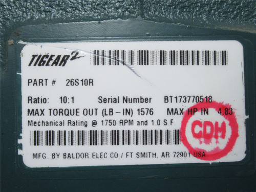 Baldor 26S10R; Gearbox; 10:1; 2-7/8"L X 1-1/8"OD Output Shaft