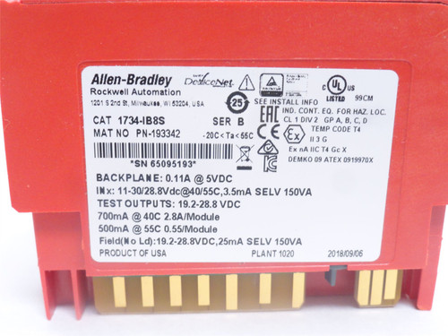 Allen-Bradley 1734-1B8S; I/O Safety Module; 24VDC; 8-Point