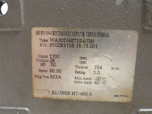 SEW WA20DRS71S4/DH; AC Gearmotor; 60:1 Ratio; 1/2HP; 230/460V