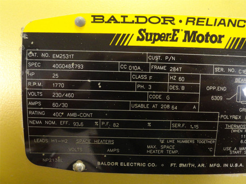 Baldor EM2531T; AC Motor; 25HP; 230/460V; 1770RPM; 3PH; 60Hz