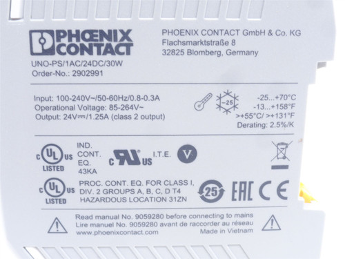 Phoenix UNO-PS/1AC/24DC/30W; Power Supply 2902991; 100-240VAC