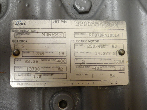 JBT 320055AAXA; AC Gearmotor 93.38:1 Ratio 5HP; 230/460V; 3PH; 60HZ