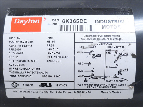 Dayton 6K365BE; AC Motor; 1-1/2HP; 115/208-230V; 3450RPM; 1PH