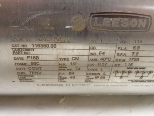 Leeson NZ6C17VC2C; AC Motor 116350.00 1/2HP; 208-230V; 1725RPM