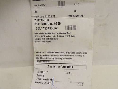 Intralox 983955413562_; Ser-800 Flat Top Belt 124"L x 107"W