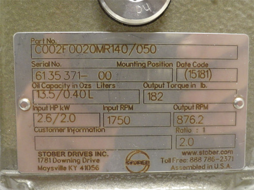 Stober C002F0020MR140/050; Gear Reducer; 2:1 Ratio; 2.6HP