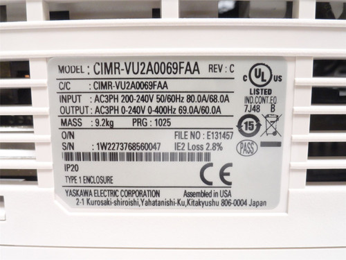 Yaskawa CIMR-VU2A0069FAA; AC Drive 25HP 240VAC In
