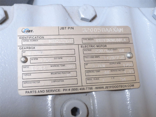 JBT 320058AAXAM; AC Gearmotor; 63.68:1 Ratio; 3.7kW; 230/460V