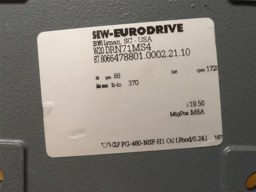 SEW W20DRN71MS4; AC Gearmotor; 19.5:1 Ratio; 1/3HP; 230/460V
