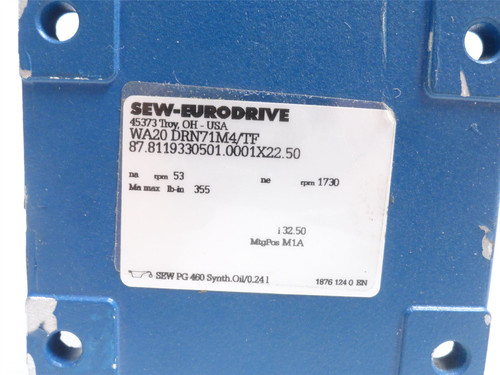 SEW WA20DRN71M4/TF; AC Gearmotor 32.5:1 Ratio; 1/2HP; 230/460V