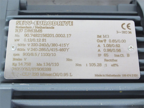 SEW-Eurodrive R37 DR63M6; Gearmotor; 0.12kW; 105.28:1; 3Ph