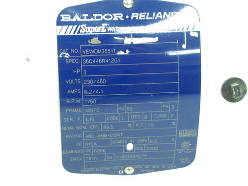 Baldor VEWDM3651T; AC Motor; 3HP; 230/460V; 1760RPM; 3Ph