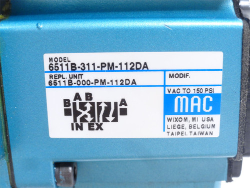 MAC 6511B-311-PM-112DA; Solenoid Valve; 0-150PSI; 110/120VAC