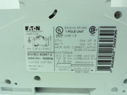 Eaton WMZT1C06; Miniature Circuit Breaker; 6A;1P; 277/480VAC