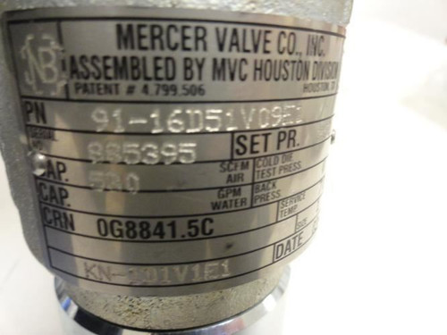 Mercer CRN 0G8841.5C; Pressure Relief Valve;1-1/2 NPT; 250PSI