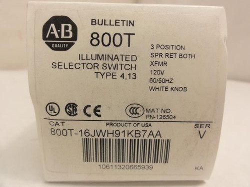 Allen-Bradley 800T-16JWH91KB7AA; Selector Switch; 120VAC; 3-Pos