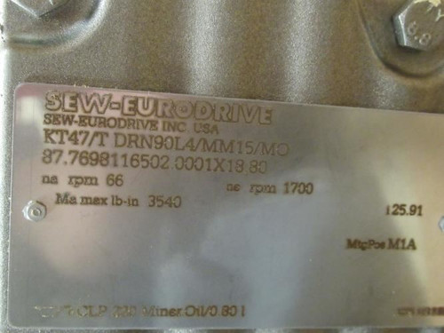 SEW KT47/DRN90L4/MM15/MO; Gear Motor 25.91:1 Ratio; 380-500V