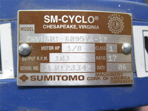 Sumitomo CNVMS01-6095YA-17; AC Gearmotor 17:1 Ratio; 1/8HP