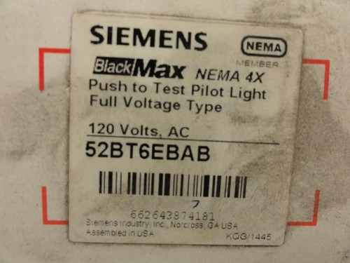 Siemens 52BT6EBAB; Pilot Light; Push To Test; 120VAC; 30mm