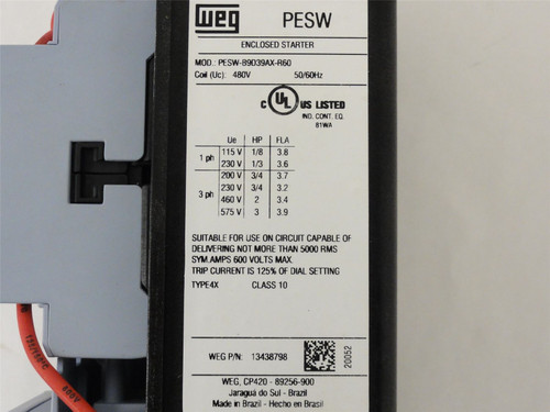 WEG PESW-B9D39AX-R60, Enclosed Starter, Cracked Lid, 9A