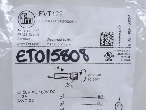 ifm EVT122; Cordset Cable Connector. Female M8; 2m Wire