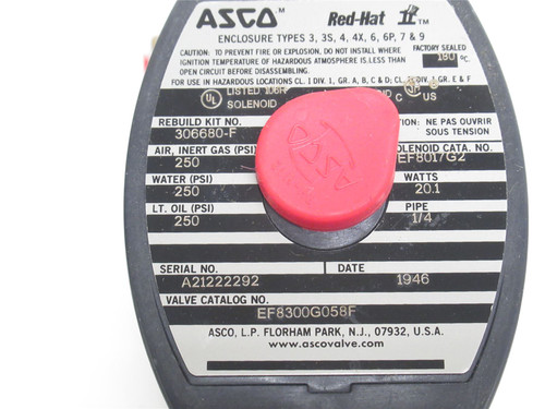Asco EF8300G058F; Brass Solenoid Valve 250PSI; 120VAC; 1/4NPT