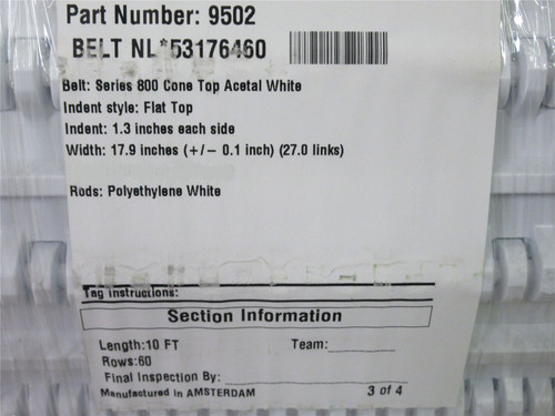 Intralox 9502-10; Series 800 Cone Top Belt 10'L x 17.9"W