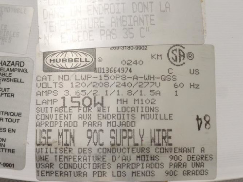 Hubbell LWP-150P8-A-WH-QSS; Pendant Mount w/Magnetic HID Ballast