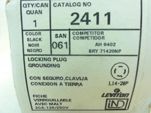 Leviton 2411; Locking Plug; 20A; 125/250V