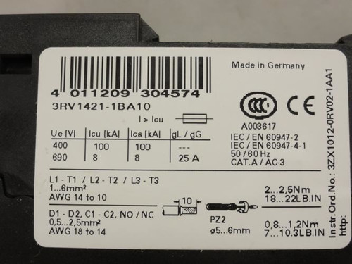 Siemens 3RV1421-1BA10; Manual Combination Starter; 1.4-2A; 3P