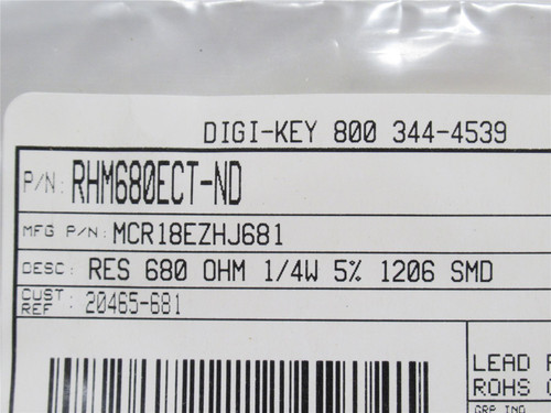 Rohm Semiconductor MCR18EZHJ681; Lot-48 Resistors 680 Ohms