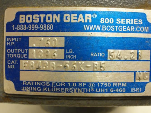 Boston Gear F843B-56K-B5; Gear Reducer; 54:28 Ratio; .76Hp In