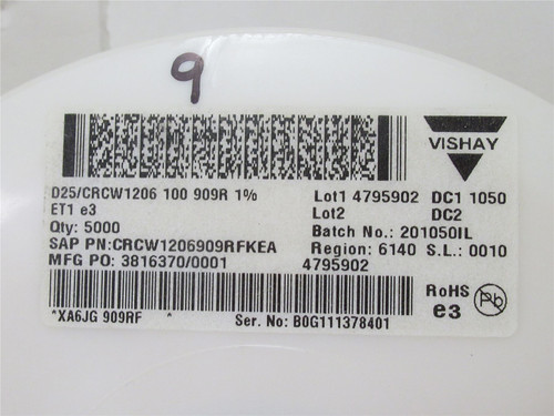 Vishay CRCW1206909RFKEA; Lot-4500 Chip Resistor; 909ohm