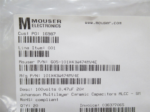 Johanson 101X43W474MV4E; Lot-20 Capacitors 100v 0.47uF 20%