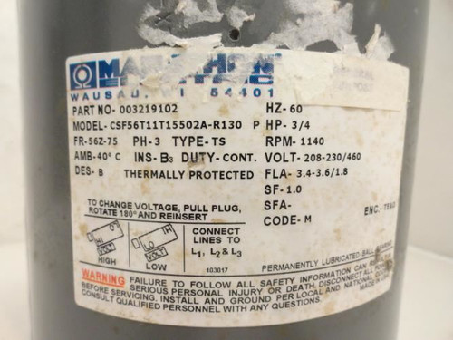 Marathon CSF56T11T15502A; AC Motor 3/4Hp; 208-230/460VAC