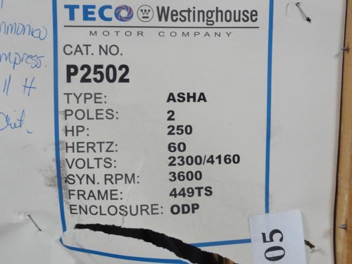 Teco P2502; AC Motor 250Hp; 2300/4160V; 3550Rpm; 2P; Type: ASHA