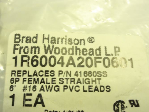 Brad Harrison 1R6004A20F0601; Cordset; 6P; 6' # 16 AWG PVC Leads