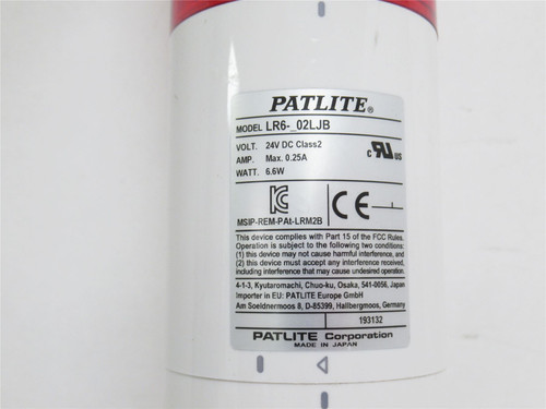 Patlite LR6-102LJBW-R; Stack Light W/Buzzer 24VDC 1 Red Light